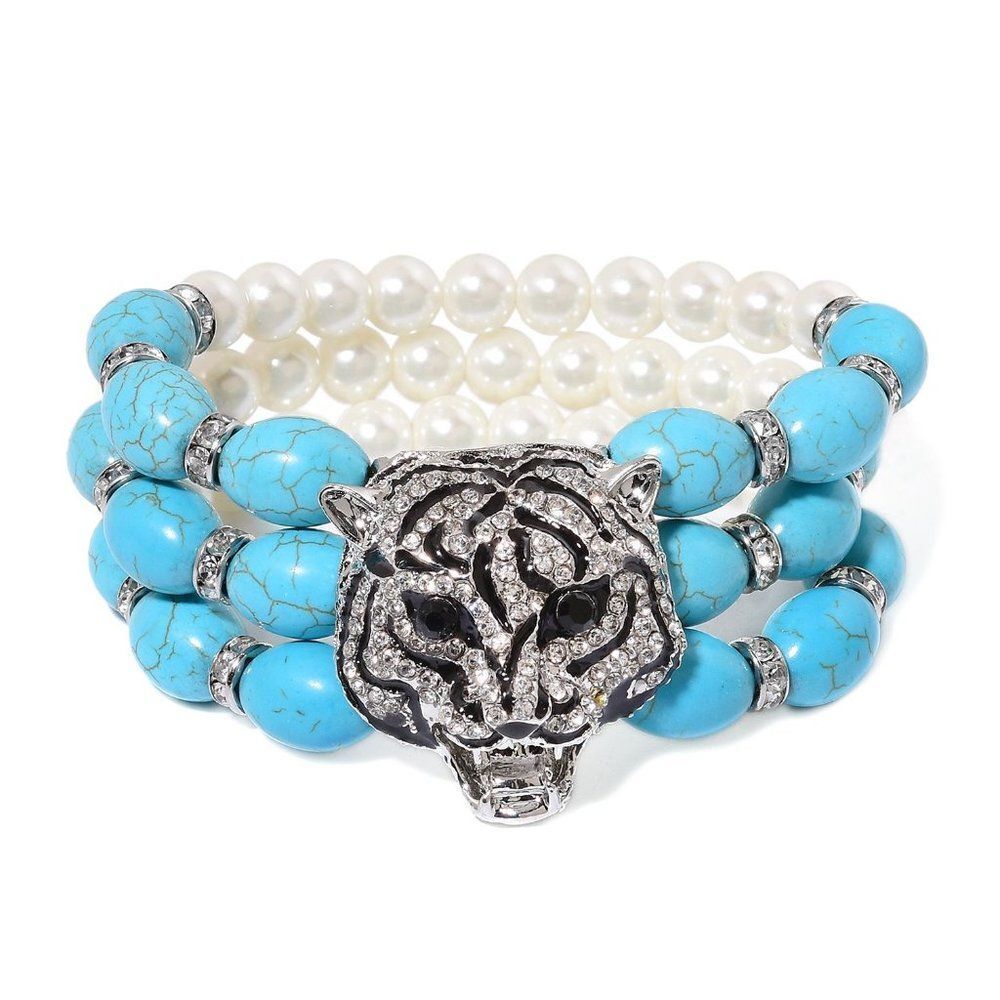 Howlite Simulated Pearl Austrian Crystal Tiger Bracelet (Stretchable) Blue